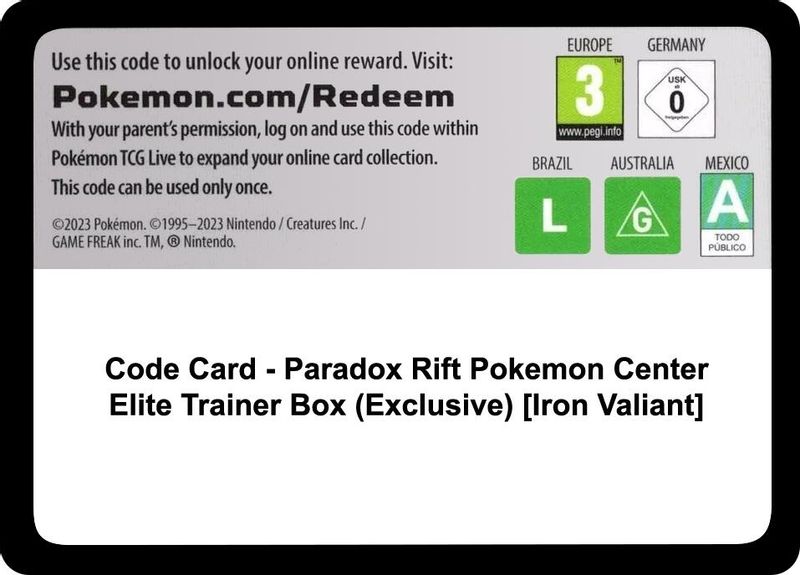 Code Card - Paradox Rift Pokemon Center Elite Trainer Box (Exclusive) - Code Card
