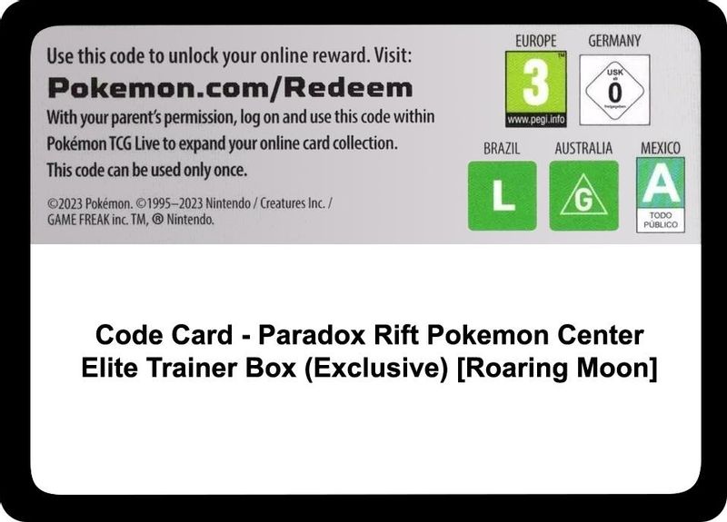 Code Card - Paradox Rift Pokemon Center Elite Trainer Box (Exclusive) [Roaring Moon] - Code Card