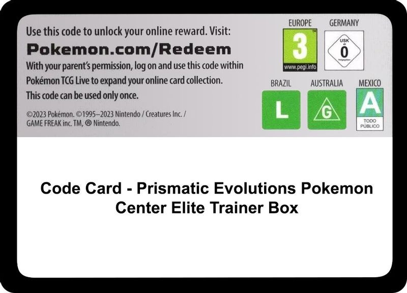 Code Card - Prismatic Evolutions Pokemon Center Elite Trainer Box - Code Card